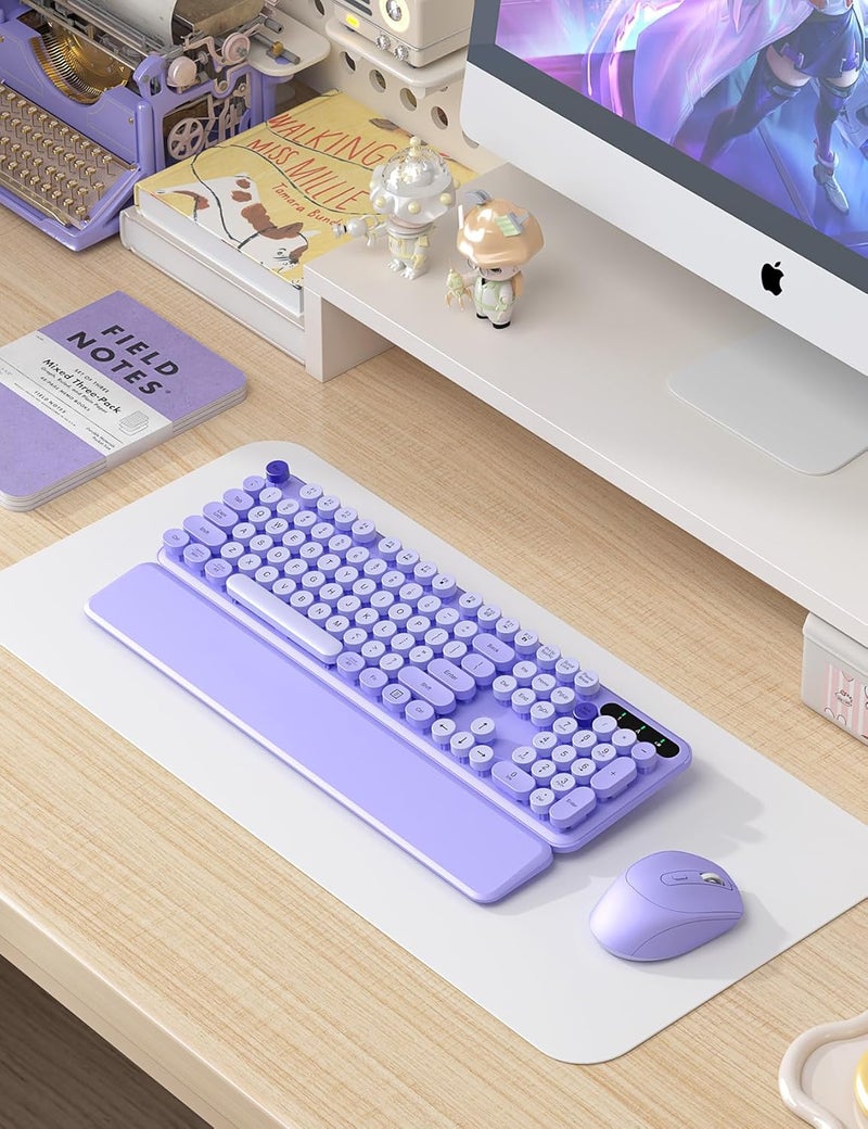 Trueque Wireless Keyboard and Mouse Combo - Cute Typewriter Keyboard with Detachable Wrist Rest, Retro Round Keycaps, Foldable Legs, 2.4GHz Full-Size Keyboard for PC, Laptop, Mac, Windows - (Purple) - Image 2